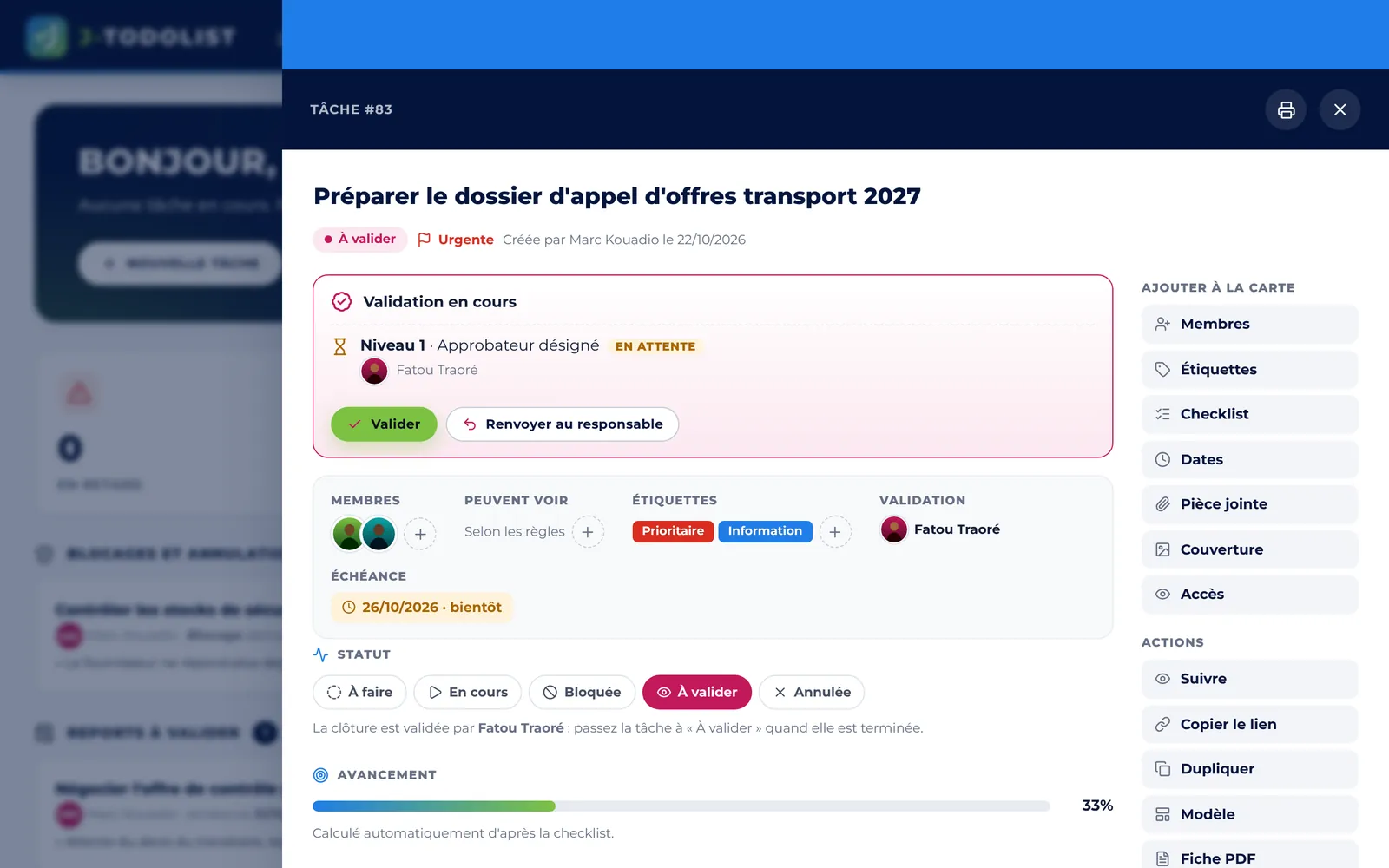 Fiche d'une tâche avec circuit de validation